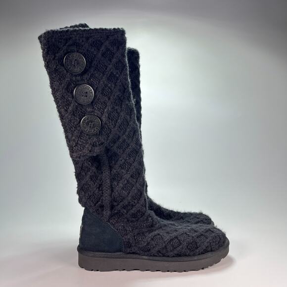 UGG Lattice Cardy Black Knit Boots Button Up Fold Over 1016557 Women’s Size 8 - Picture 1 of 9